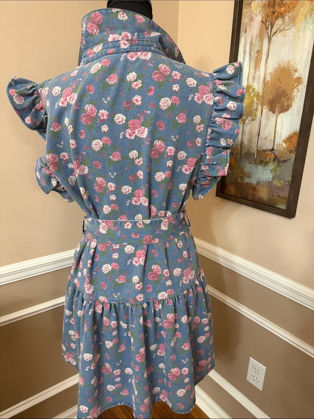 Floral Ruffle Belted Button-Up Dress - Blue with Pink Roses - Picture 6 of 9